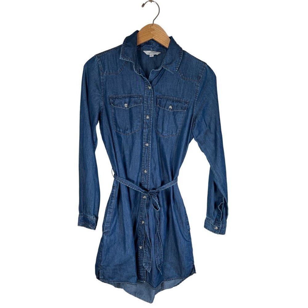 French Connection Womens Size 2 XXS Cotton Lyocell Denim Shirt Dress L/S Pockets - Picture 1 of 12